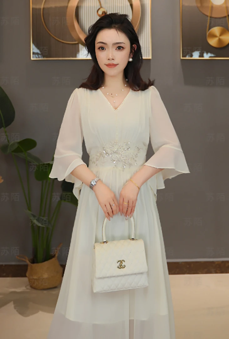 苏陌法式高级感仙女连衣裙女超仙雪纺裙温柔风大摆裙度假长裙子