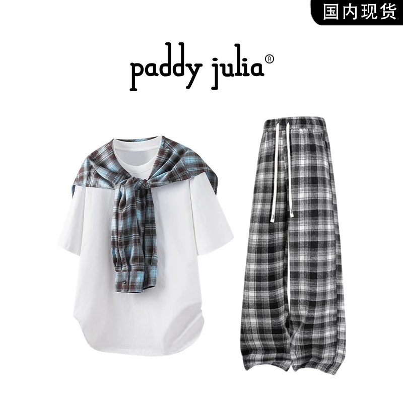 Paddy julia格纹披肩短袖t恤套装男款春秋季潮牌休闲服格子长裤