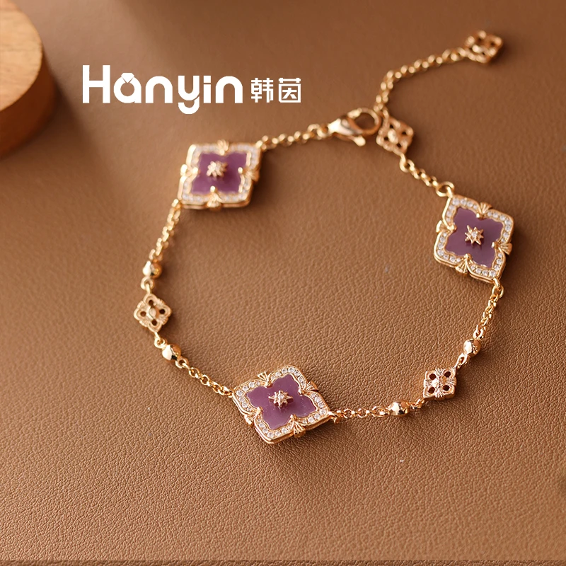 铜合金合成锆石手链 22cm微镶四叶草香芋紫手链AAA