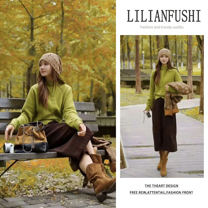 秋季穿搭一整套2025新款百搭半高领长袖针织衫显瘦阔腿裤两件套女