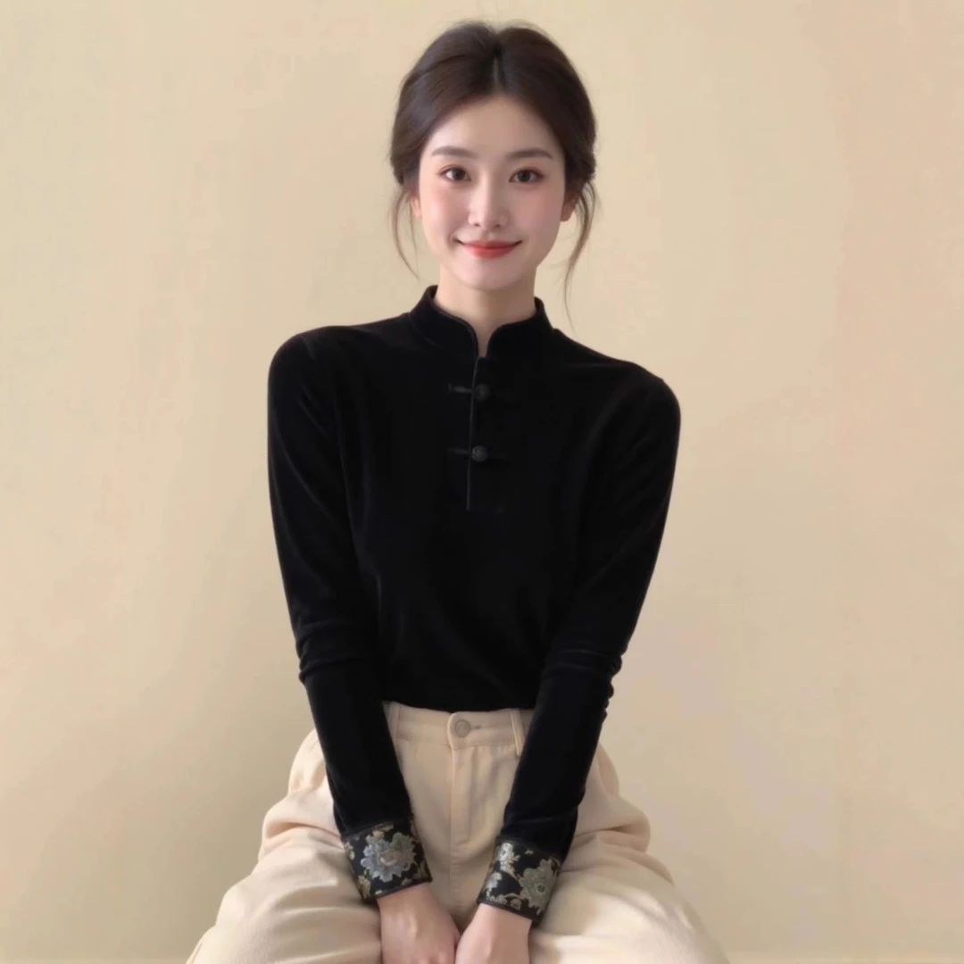 黑色拼接立领丝绒上衣女25冬高级感修身百搭巨好看的打底国风衬衫