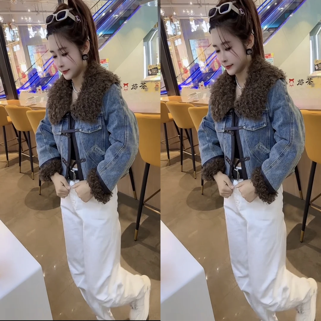 时尚2025短款长袖通用码海军领复古牛仔外套女可折叠毛袖
