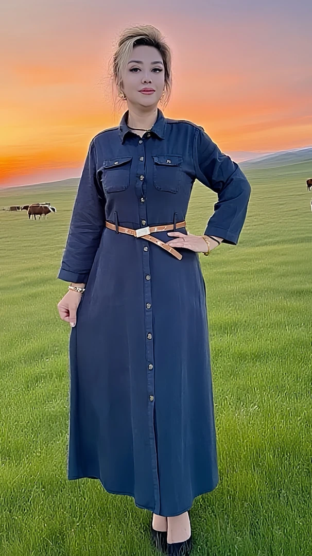 【Gulumbar】外贸原单灰色牛仔连衣裙修身款百搭复古