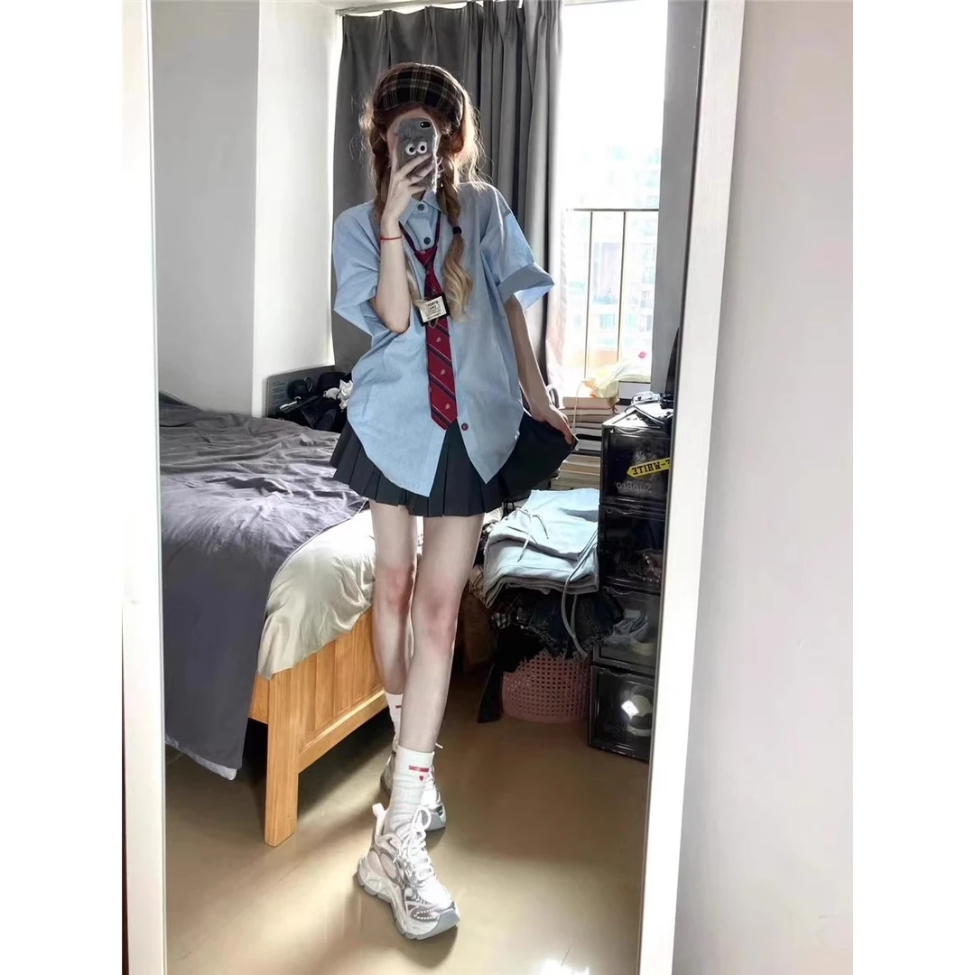 日系慵懒风设计感蓝色百搭时尚衬衫女小众宽松短袖上衣短裙套装