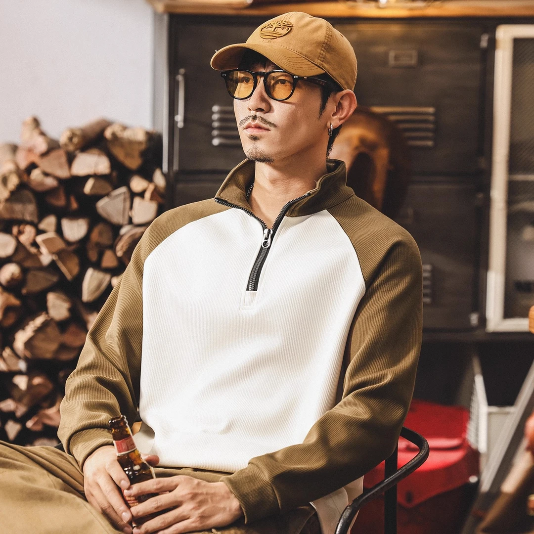 美式复古重磅半拉链卫衣男秋冬新款潮流撞色立领宽松休闲男士上衣