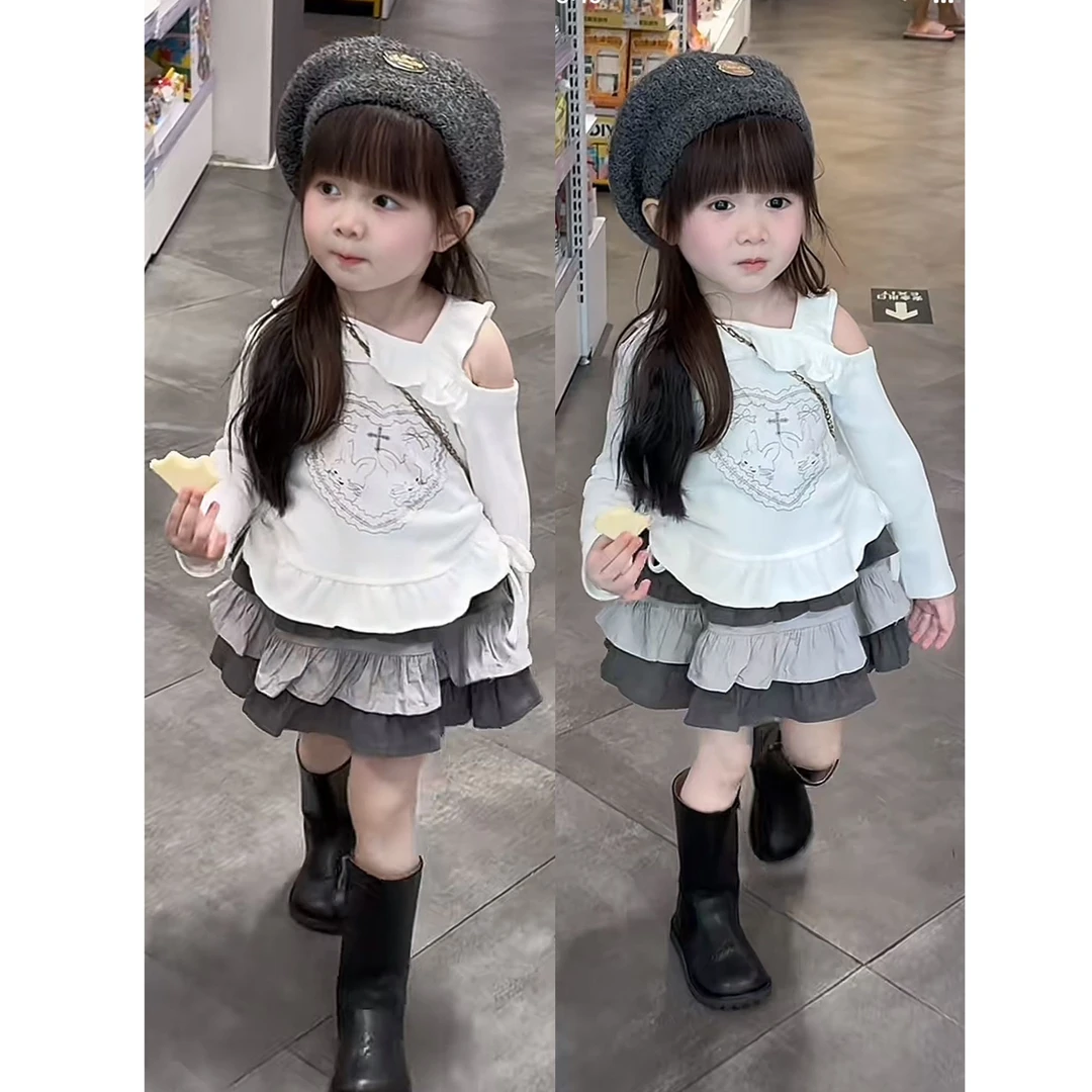儿童洋气露肩打底衫2024秋季新款女童时髦半身裙宝宝两件套蛋糕裙