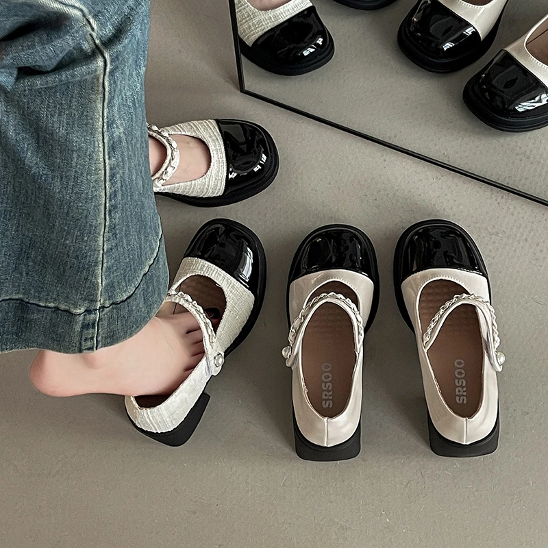 OJRZ法式小香风拼色圆头玛丽珍小皮鞋女2025夏季新款复古珍珠单鞋