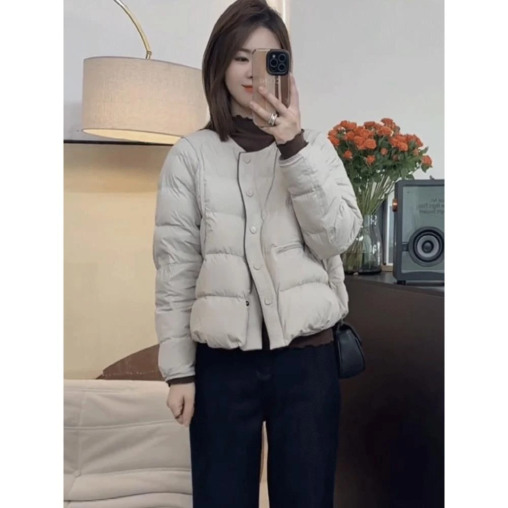 圆领简约白鸭绒短款羽绒服女秋季新款小个子宽松显瘦加厚保暖外套