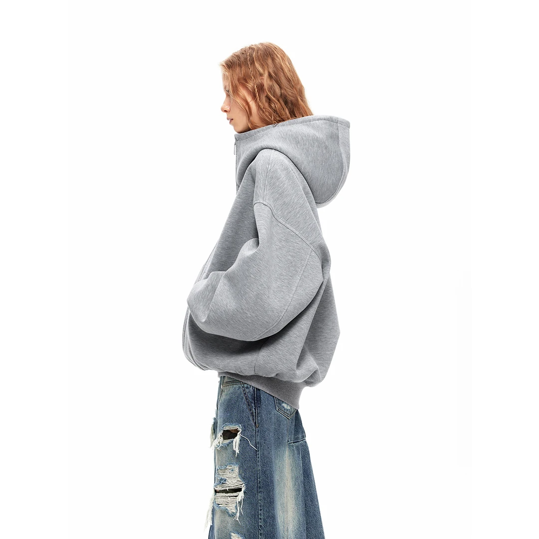 VUMP灰色宽松帽衫廓形感连帽卫衣女oversize加绒加厚外套开衫慵懒