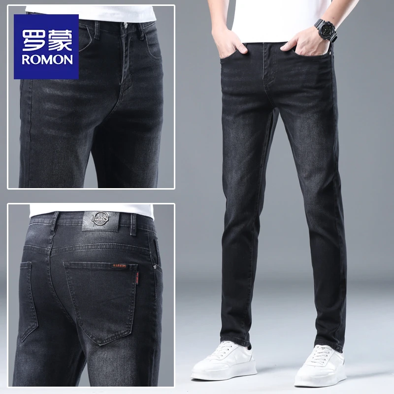 罗蒙弹力牛仔裤男士潮牌2025新款修身直筒休闲黑色长裤子夏季薄款