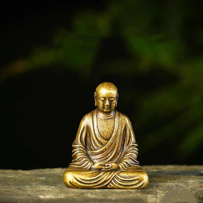 泉道舍黄铜实心地藏小和尚茶道桌面小摆件复古老物件小沙弥手把件