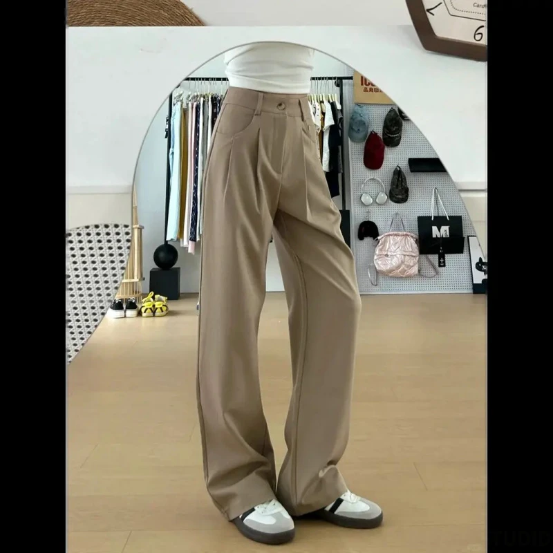 双褶口袋设计垂感休闲裤女夏薄款2025新款高腰简约透气直筒西装裤