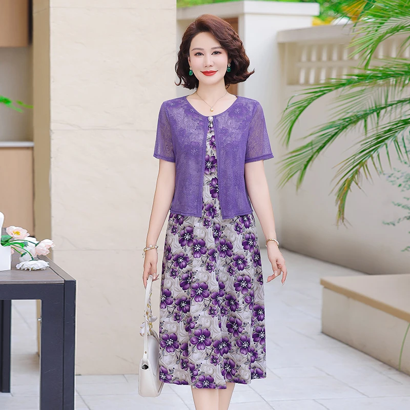 2025新款妈妈装夏季连衣裙中老年女式气质短袖减龄拼接假两件裙子
