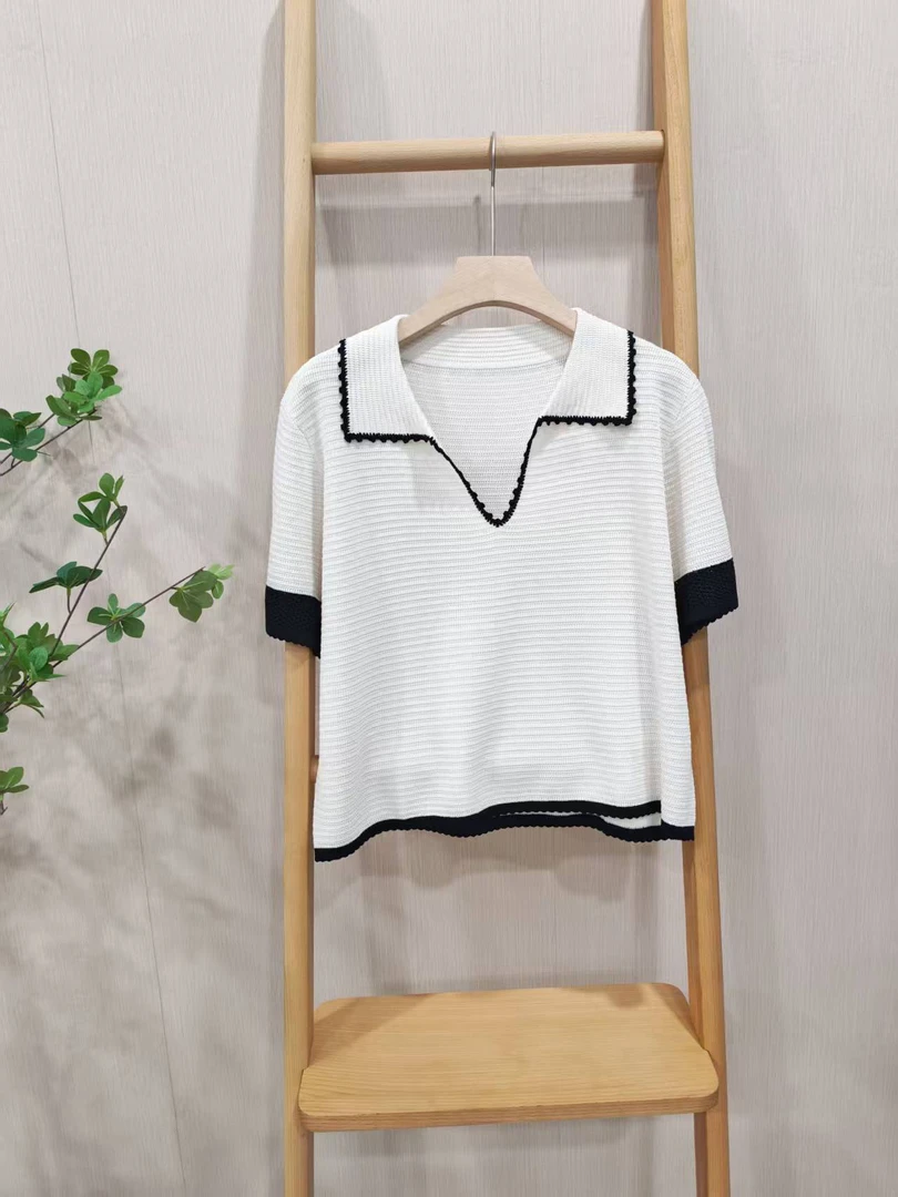 【Hua】5202016夏新亲肤镂空撞色翻领短袖V领Polo衫上衣（样衣）