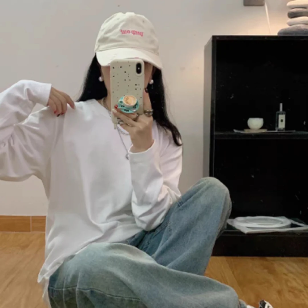 270克 重磅长袖T恤纯色打底衫白色纯棉宽松圆领百搭秋季T恤女