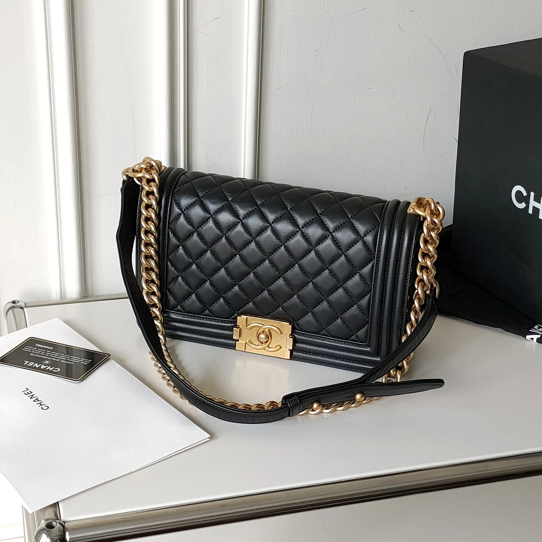 95新 Chanel/香奈儿 Azul-黑金羊皮leboy中号单肩包/44589