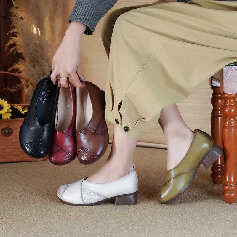 棉谷妈妈民族风2025春夏新款中跟浅口牛筋底单鞋一脚蹬女鞋