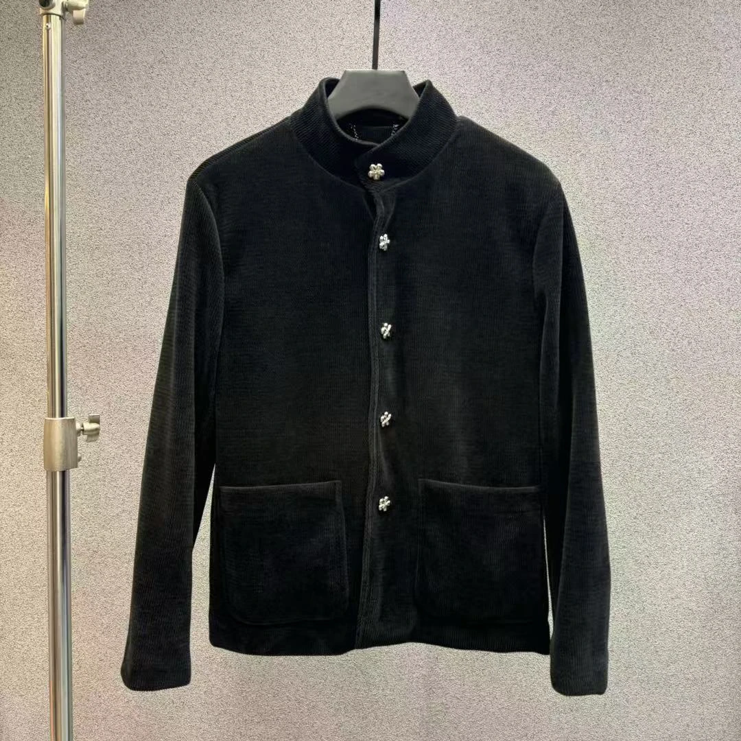 新中式男款春秋花扣夹克外套丝绒修身百搭轻奢商务简约外套时尚
