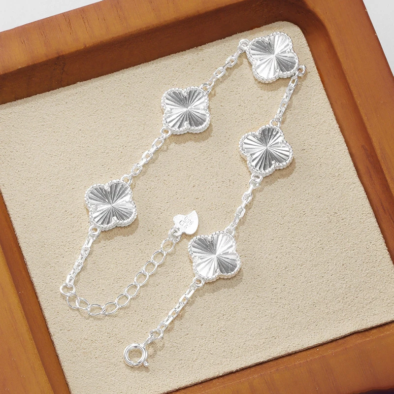 足银手链 足银999五花手链女款轻奢小众纯银四叶草镭射七夕节礼物