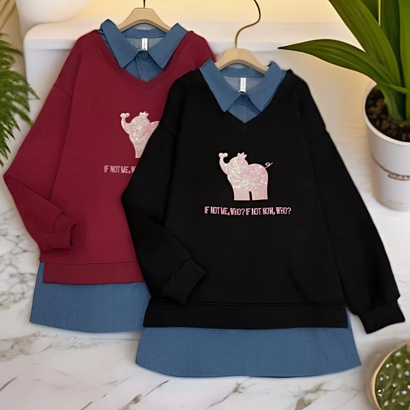 260-300斤 衣长85 胸围160 重工小象牛仔拼接中长大卫衣