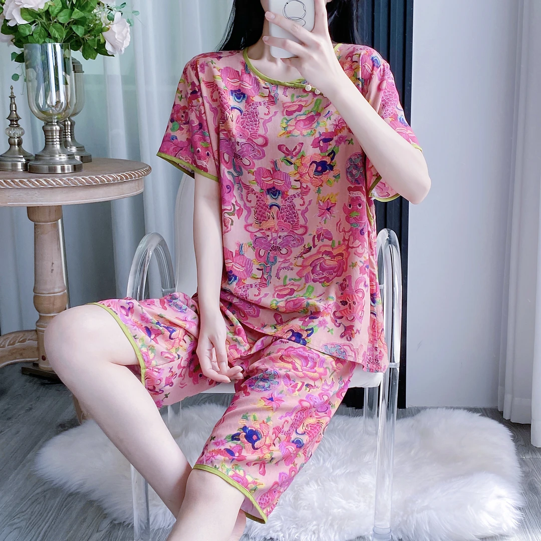 【简奢专属】夏季新款新中式家居服可外穿国风款短袖短裤棉绸套装