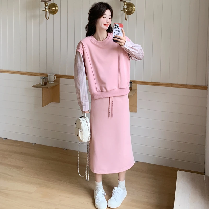 盐系穿搭减龄假两件卫衣套装女春2025新款休闲显瘦半身裙两件套