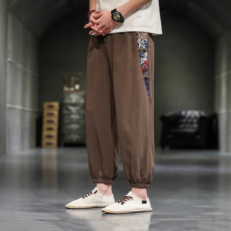 中国风印花拼接棉麻九分裤男潮牌束脚运动裤夏季复古高级感休闲裤