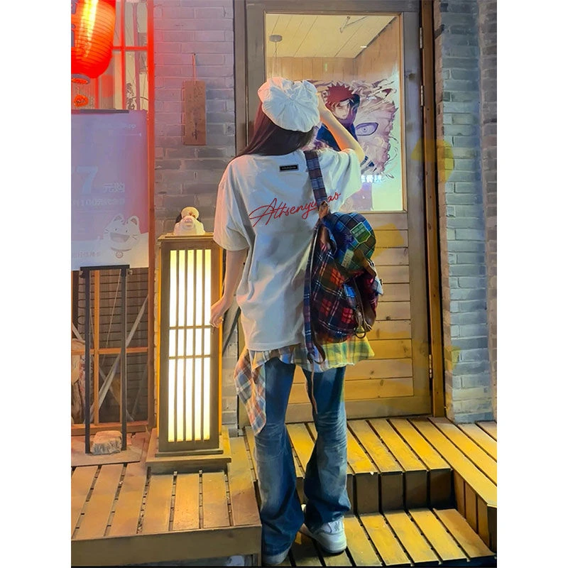 美式高街潮牌刺绣字母短袖女t恤夏季宽松小众设计感oversize上衣