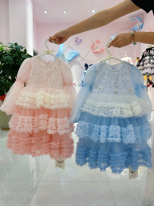 女童春秋新款长袖儿童2025网纱蛋糕公主风礼服裙子宝宝重工连衣裙