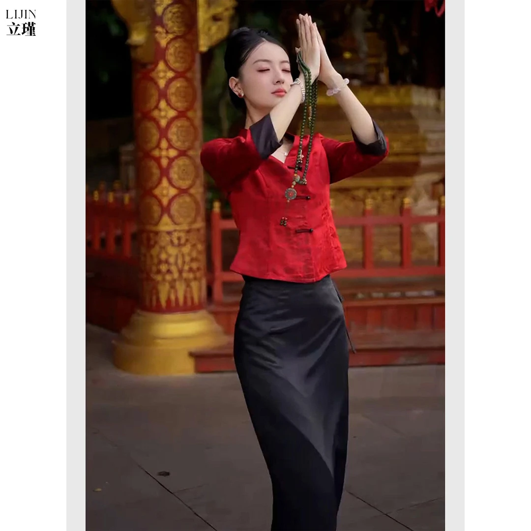 2025超火穿搭早秋新中式国风禅意改良唐装红色盘扣衬衫两件套装裙