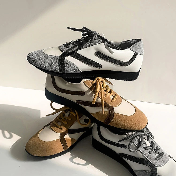 复古棕色真皮阿甘鞋平底德训鞋女2025新款春秋百搭灰色休闲运动鞋