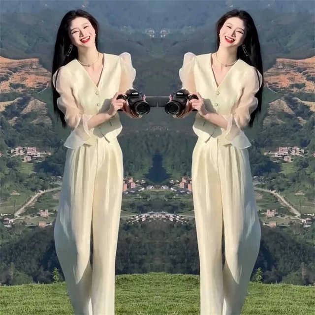 御姐范通勤两件套2025年秋季新款职业气质V领韩版衬衫+垂感直筒裤