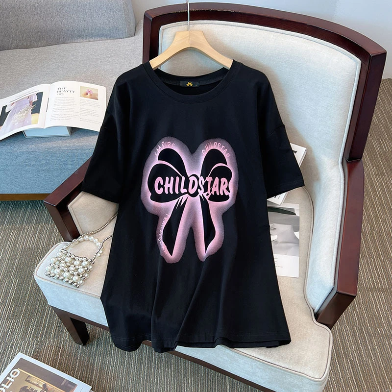 长t恤女遮屁股连衣裙大码女装纯棉短袖长黑色T恤女款2025新款爆款