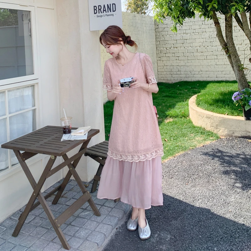 粉色镂空蕾丝拼接连衣裙女2025夏季新款法式高级感甜美气质长裙潮