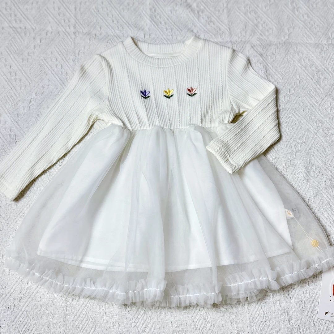 刺绣时尚小童春秋款针织长袖女童蕾丝纱裙女童装洋气女宝儿童