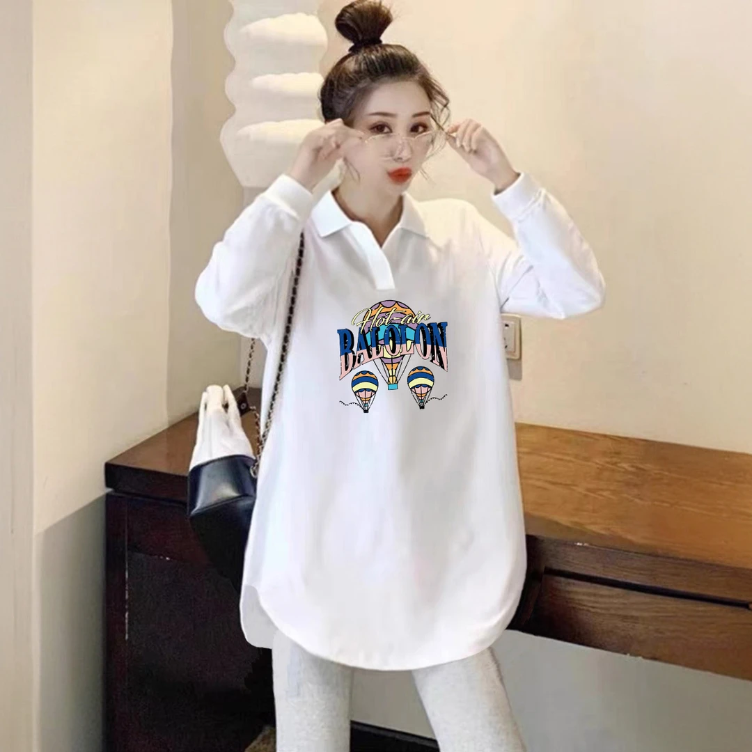 春秋新款POLO领上衣显瘦韩版女士长袖t恤中长款搭配芭比裤打底衫