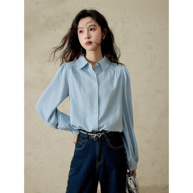 【年中大促】谜秀蓝色天丝衬衫女宽松防晒通勤显瘦长袖上衣春秋气质