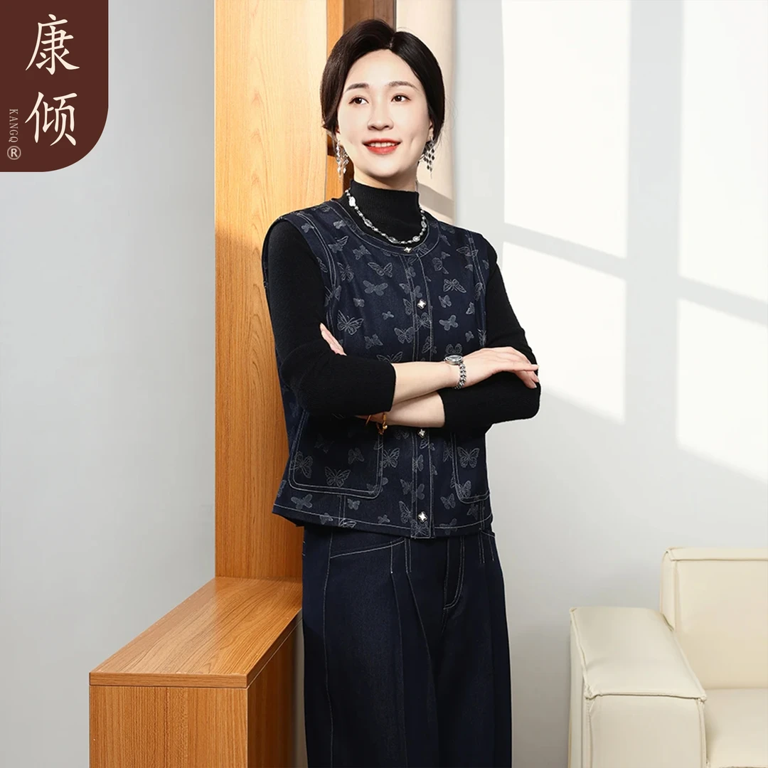 妈妈秋装牛仔套装中老年复古拼接上衣裤子时尚三件套马甲印花气质