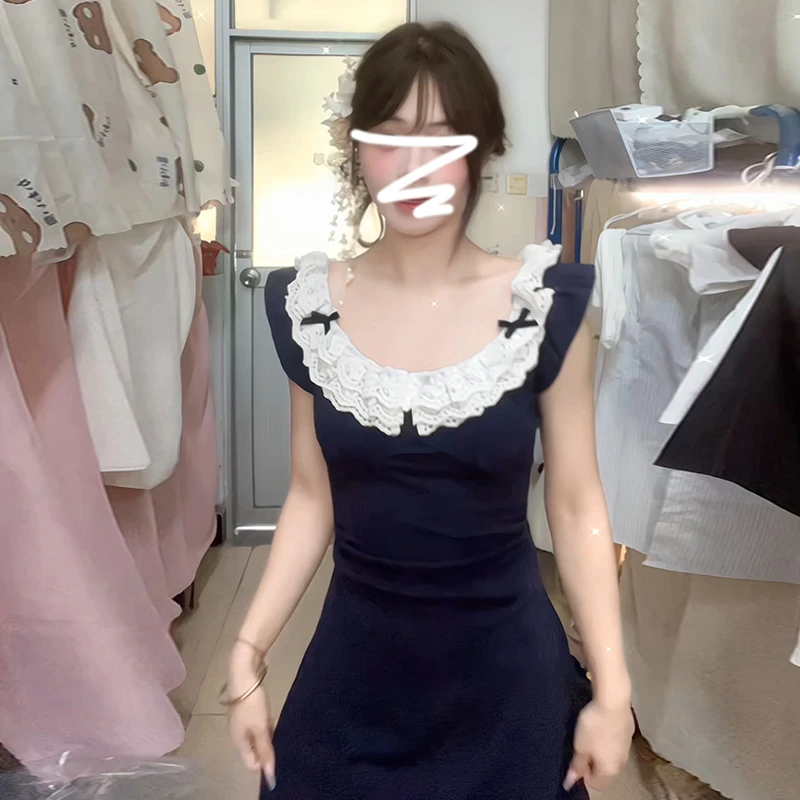 3758小飞袖蓝色连衣裙女2024新款小个子收腰a字辣妹包臀裙