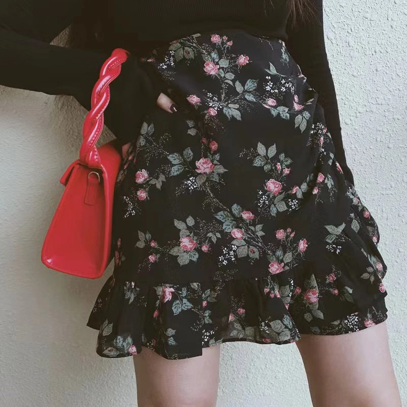 【有里裤】复古碎花半身裙a字裙胖MM新款高腰遮胯荷叶边短裙D0327