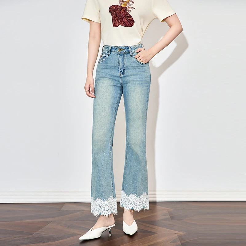南油轻奢重工烫钻拼蕾丝四面弹牛仔裤高腰时髦设计感喇叭裤款夏季