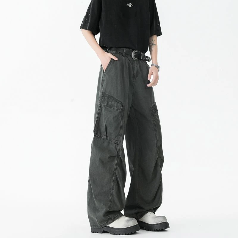 美式vibe复古美拉德深灰褶皱大口袋工装裤男女宽松直筒阔腿拖地裤