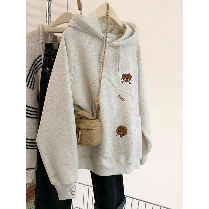 小个子灰色连帽卫衣女秋冬趣味曲奇饼干刺绣宽松加绒加厚帽衫外套