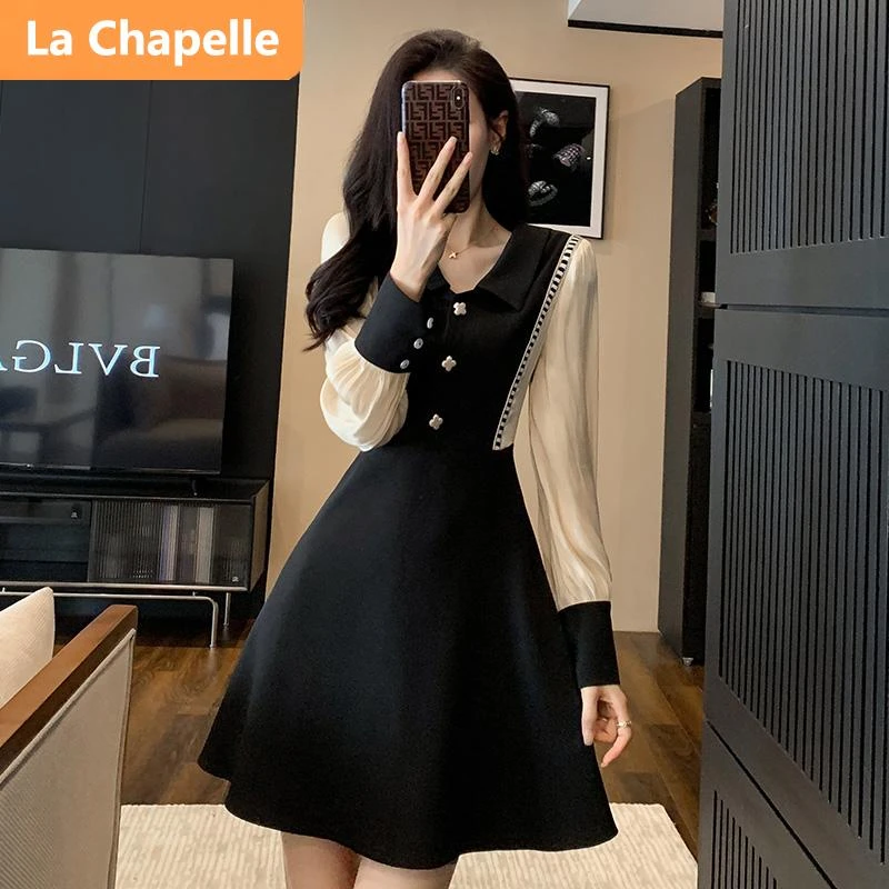 拉夏贝尔韩版高档时尚连衣裙女2025秋季设计感长袖拼接翻领裙子