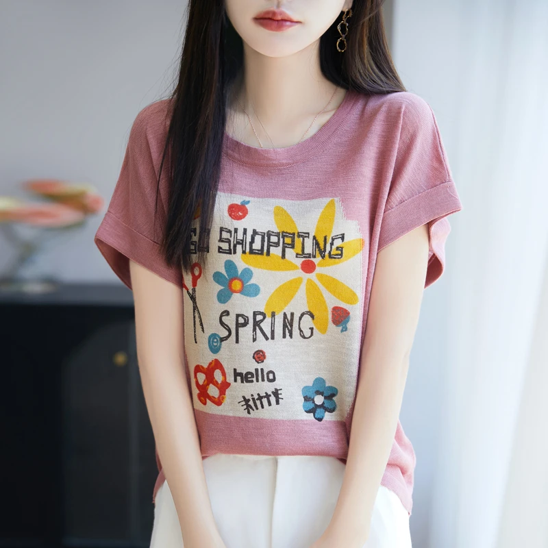 【凉爽透气】夏季新款竹节麻水果太阳花针织短袖时尚百搭宽松显瘦