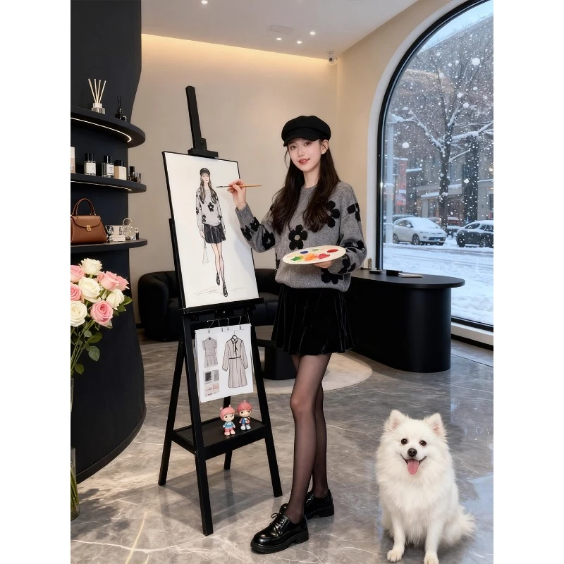 法式轻奢名媛风丝绒半身裙女秋冬季小花毛衣慵懒风宽松针织衫套装