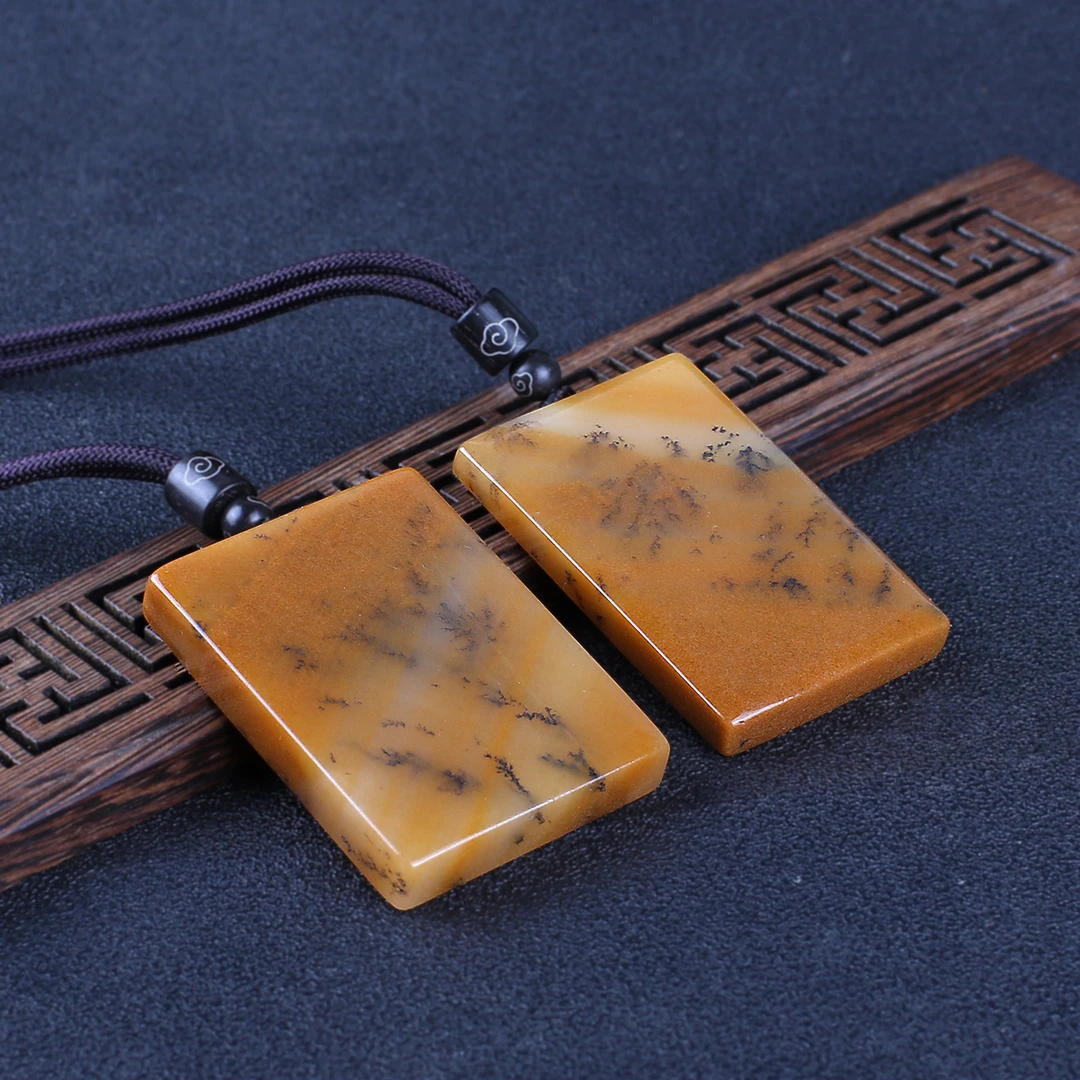 天然黄龙玉意境山水草平安无事牌吊坠男女款玉石项链挂件方牌玉坠