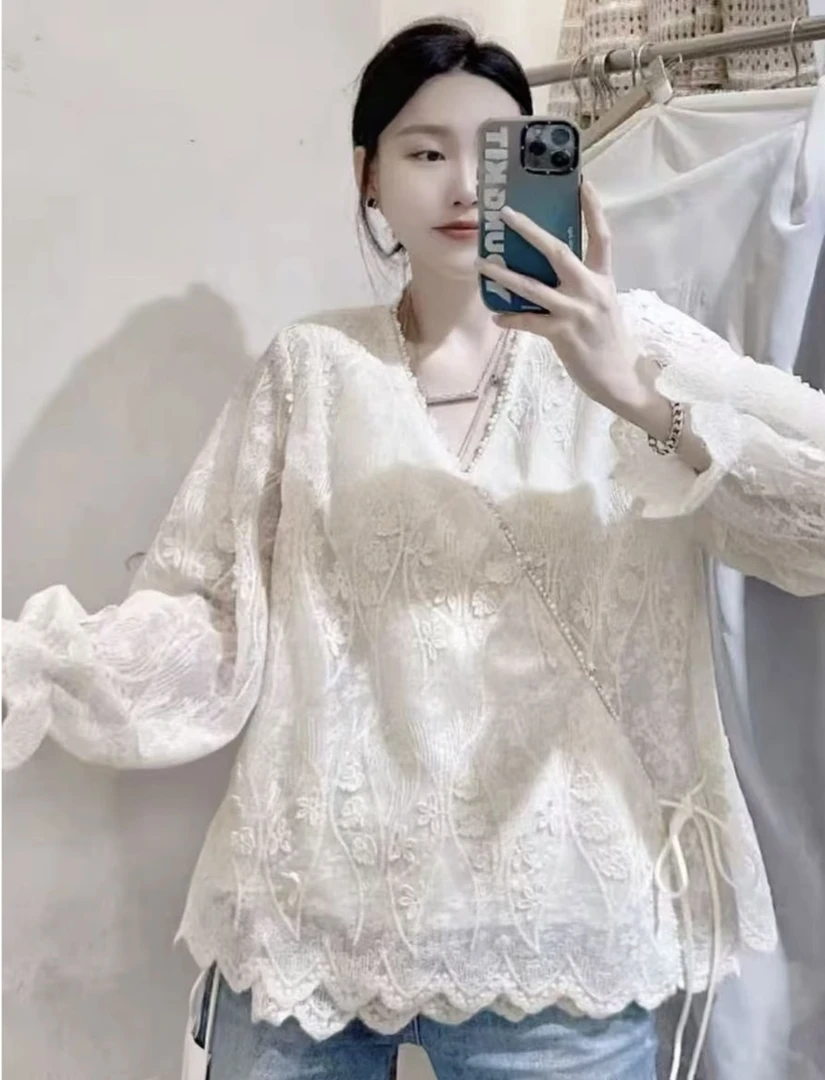 ZXG2580#蕾丝珍珠长袖衬衫2025绣花套头宽松重工钉珠套头衫上衣