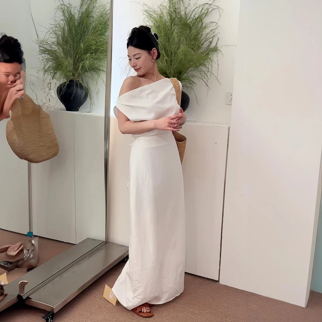 VOCKOO官方法式高级感气质亚麻斜肩连衣裙女夏季极简风设计感度假