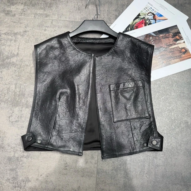 真皮马甲女士纯绵羊皮秋冬新款真皮背心外搭圆领宽松网红重工坎肩